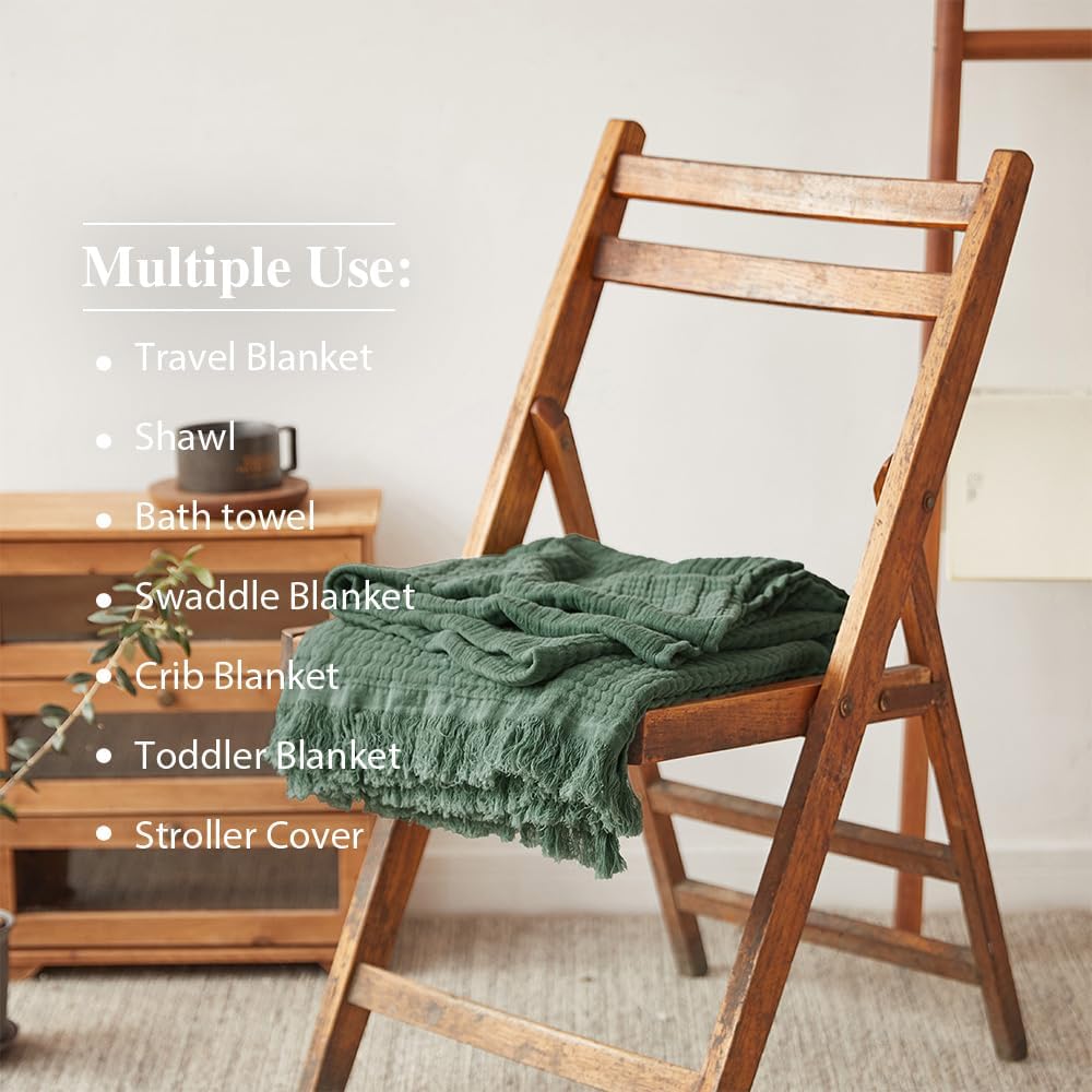 Simple&Opulence Cotton Muslin Throw Blanket for Bed, Couch, Knit Woven Gauze Blanket with Tassels, Soft Lightweight Cozy Pre-Washed Breathable Farmhouse Decoration for All-Season (Olive Green) - Image 5