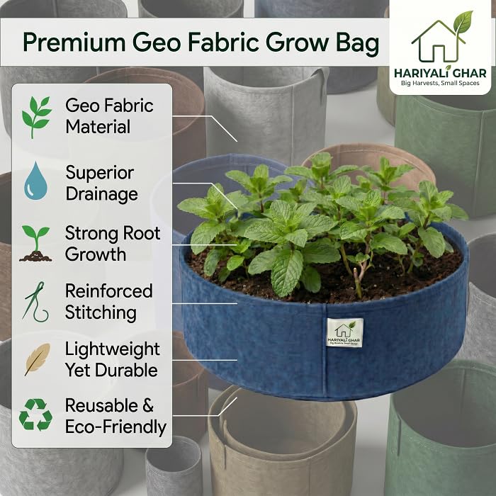 Image of 400 GSM Geo Fabric Round Grow Bags 12x6 Inch, Blue Planting Bags for Terrace and Kitchen Gardening Pack of 5