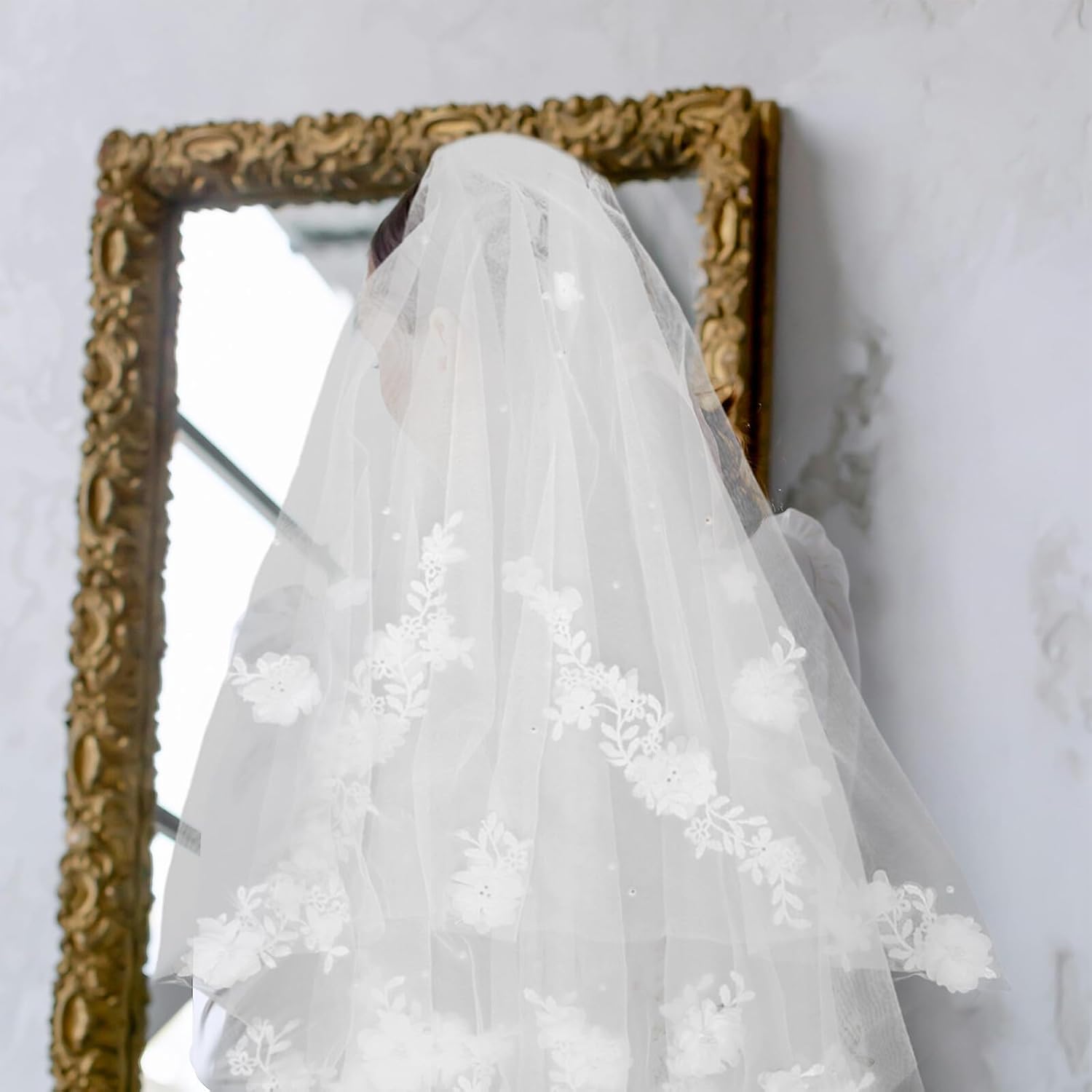 Uonlytech Double Layer Bridal Veil with Floral Embroidery and Pearl Accents, White Mesh Tulle Wedding Veil with Metal Hair Comb for Bride Special Occasion