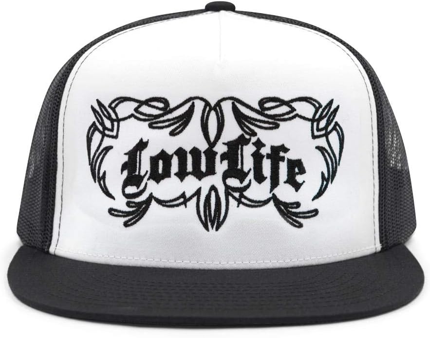 Low Life Pinstriped Trucker Cap for Men – Flat Bill 5-Panel Mesh Hat – Low Life Front Design – Adjustable Snapback – One Size Fits Most – Bold Baseball Cap (Black/White/Black)