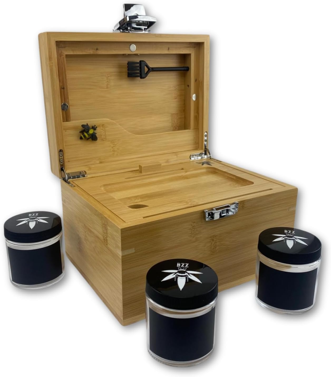 BzzBox Decorative OG Storage Box - Light Bamboo, Lockable, with 3 Jars for Easy Storage | Your Stylish Keepsake Storage Box For Everything