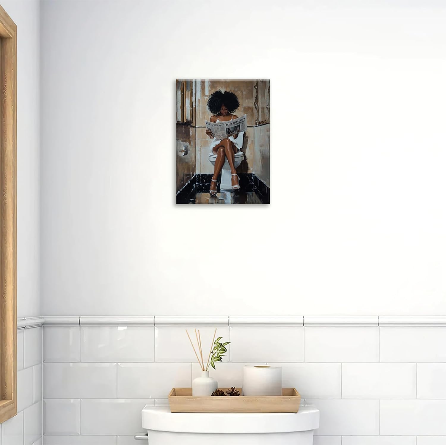 African Women Bathroom Wall Art Funny American Reading Newspaper in Toilet for Girls Bathroom Pictures for Wall Black White Canvas Print Painting Decor Rustic Framed Artwork Ready to Hang 12"x16"