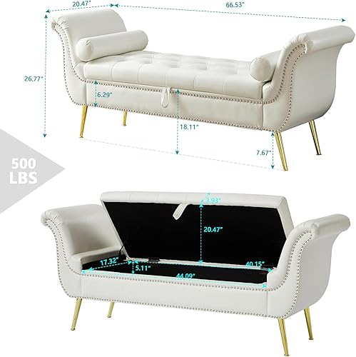 Miniatura 2 de Setawix Banco otomano de almacenamiento de piel sintética, banco de cama de 66.53 pulgadas, banco de cama con brazo enrollado copetudo con