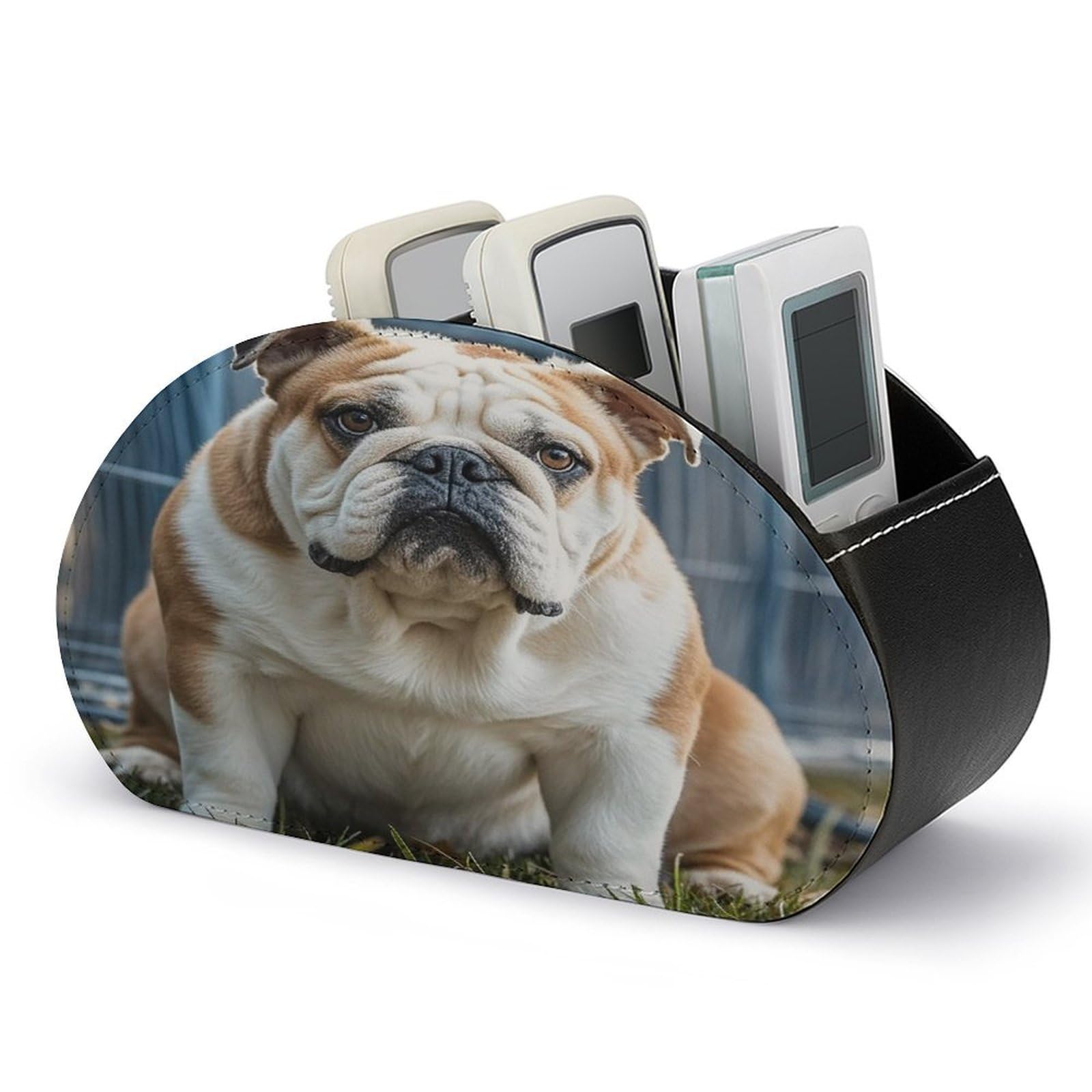 FekiLoot English Bulldogs TV Remote Control Holder with 5 Compartments Multi-functional Leather Bedside Table Remote Caddy Desktop Storage Box for Store Pen Controller Media Player Cosmetic