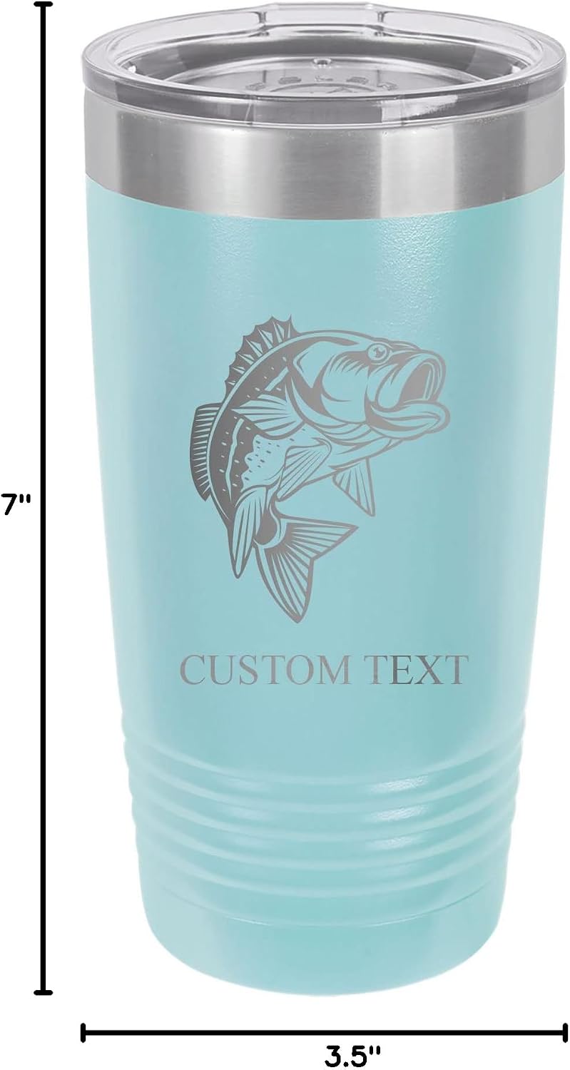 Personalized Custom Engraved Bass Fishing Stainless Steel Double-Wall Insulated Tumbler 20-Ounce Travel Coffee Mug Customizable (Light Blue)