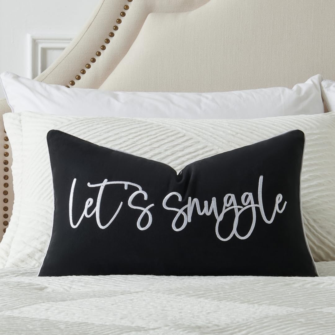 Sunkifover Men's Black Let's Snuggle Decorative Lumbar Pillow Cover - 12X20 Inch And White Cotton Embroidery Throw Pillowcase For Bed, Bedroom, Living Room, Home Decor
