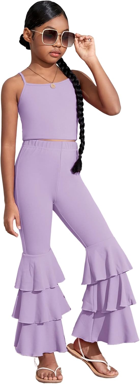 WDIRARA Toddler Girl's 2 Piece Set Sleeveless Cami Top with Ruffle Trim Flare Leg Pants