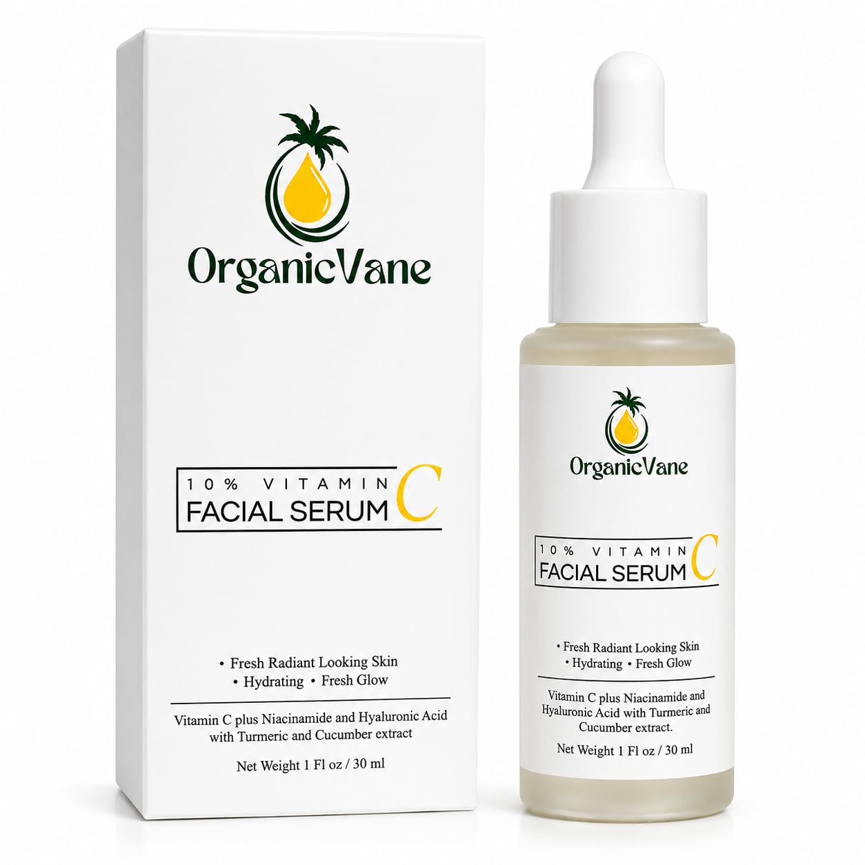 Organic Vane 10% Vitamin C Serum for Face, 30ml – Brightening Serum with Niacinamide & Hyaluronic Acid, For Glowing, Even Skin Tone, Hydrating & Stable Formula, Beginner Friendly