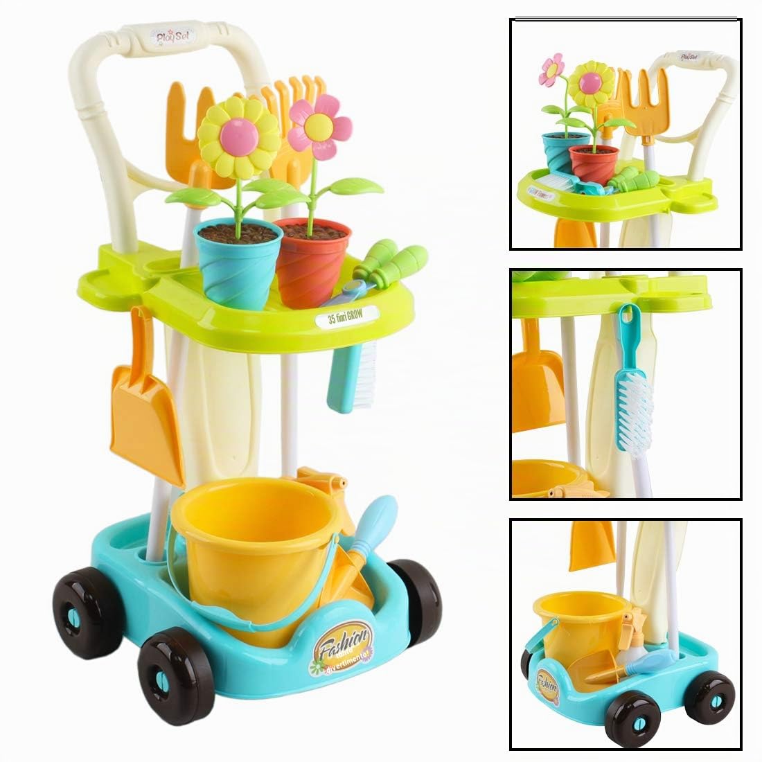 deAO Set di attrezzi da giardinaggio e carrello da gioco per bambini, 26 pezzi, con rastrello, vanga, annaffiatoio, secchio e accessori da giardino inclusi, divertente giocattolo educativo per bambini