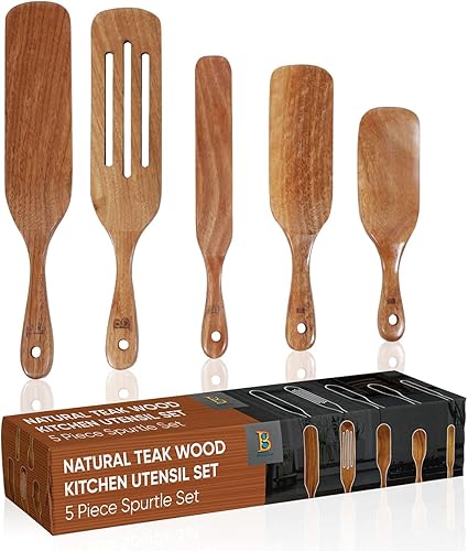 BigGenie Juego de 5 espátulas de madera de teca natural  Utensilios de cocina de madera  Espátula de cocina hecha a mano resistente a la humedad