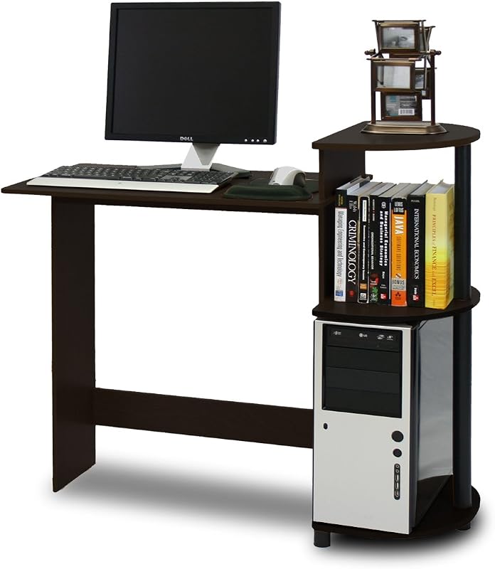 Furinno Escritorio compacto, escritorio para juegos de 28,5 pulgadas de ancho con estantes, escritorio para computadora con estante para libros, escritorio de oficina para el hogar, sala de estudio, dormitorio, café expreso