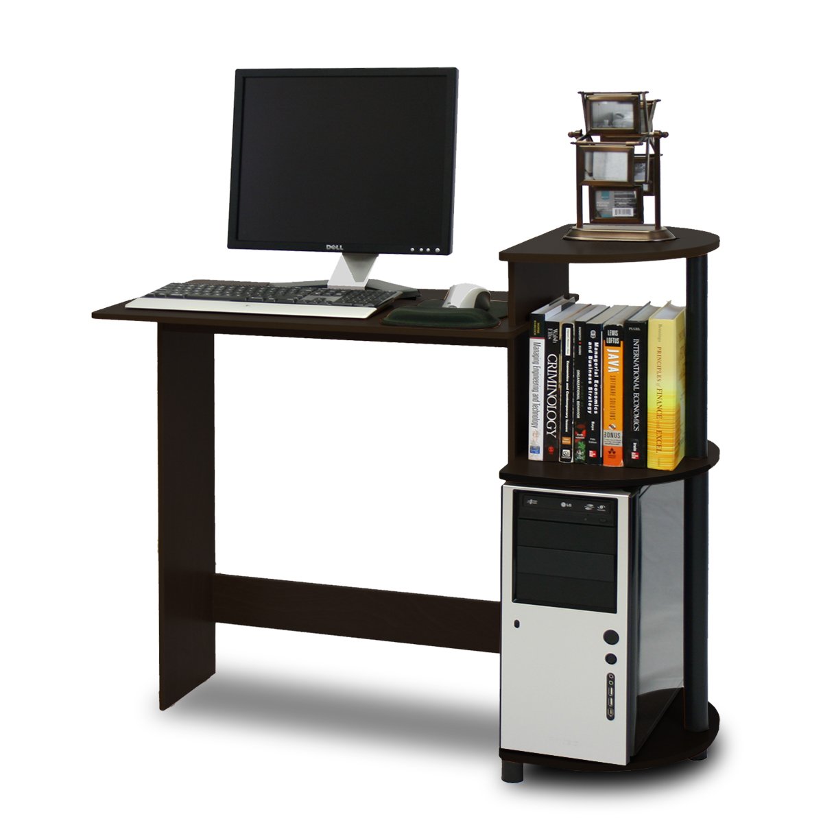Furinno Compact Computer Desk, Study Desk with Shelves, Espresso/Black