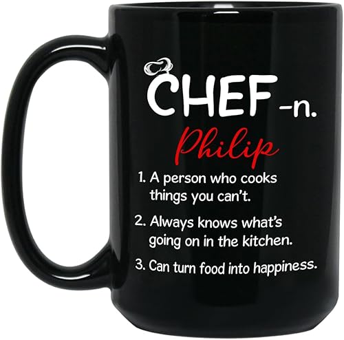 Vista 50 de Taza de café negra personalizada con nombre «A Truly Great Chef Is Hard To Find con nombre», taza de café personalizada para gran chef de 11 onzas