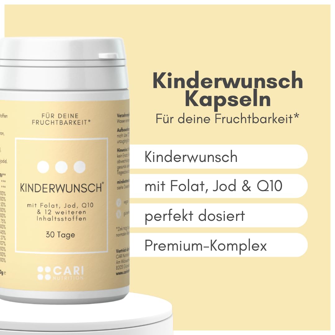 Kinderwunsch Kapseln | maximale Unterstützung vom Zyklus bis zur Empfängnis | Premium-Komplex | mit Folat, Q10, Jod & 12 weiteren Inhaltsstoffen für eine lückenlose Rundumversorgung | made in Germany