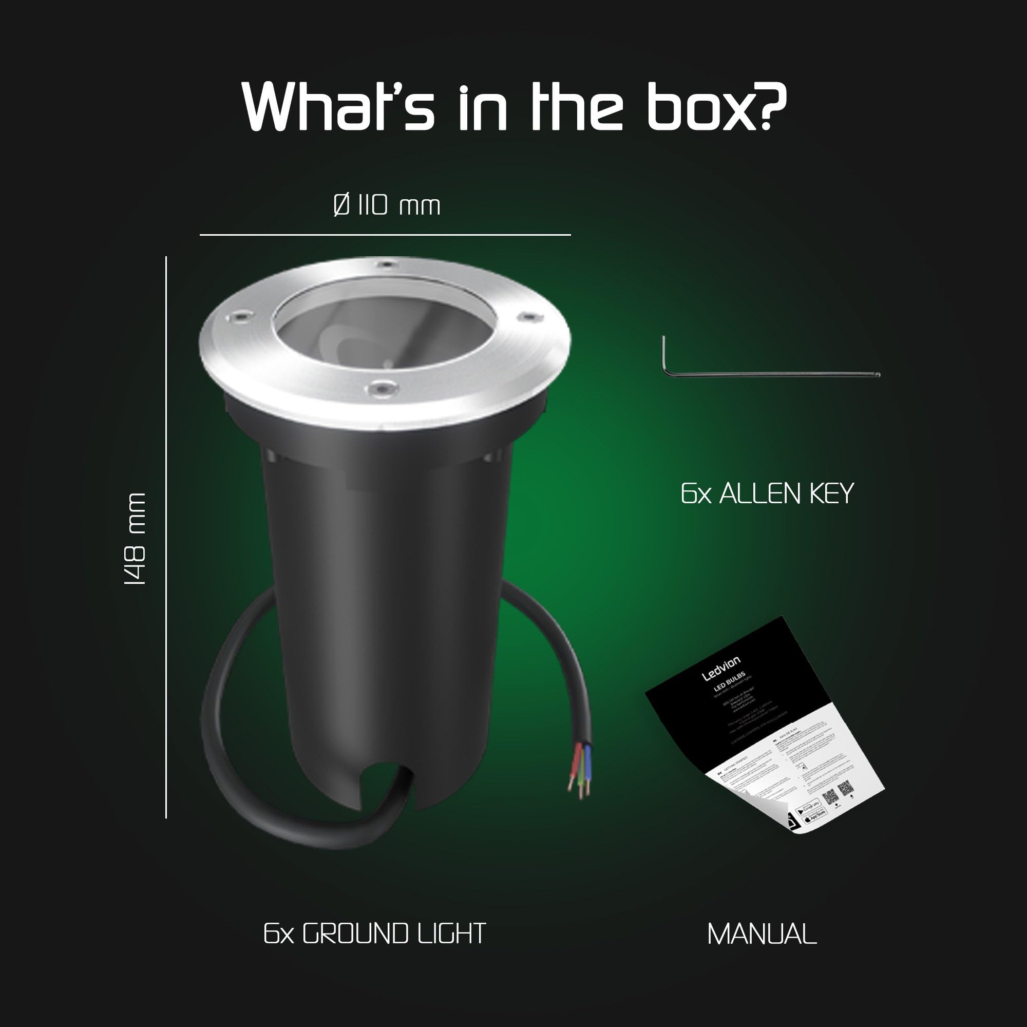 Ledvion 6er Set LED Bodenstrahler Außen IP67 10W 230V GU10 rund | mit 1m Kabel fuer Garten Terrasse Einfahrt und Wege
