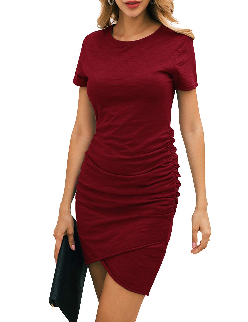 CAIYING Womens Summer Casual Solid Ruched Short Sleeve T-Shirt Midi Dress (Wine Red, S)