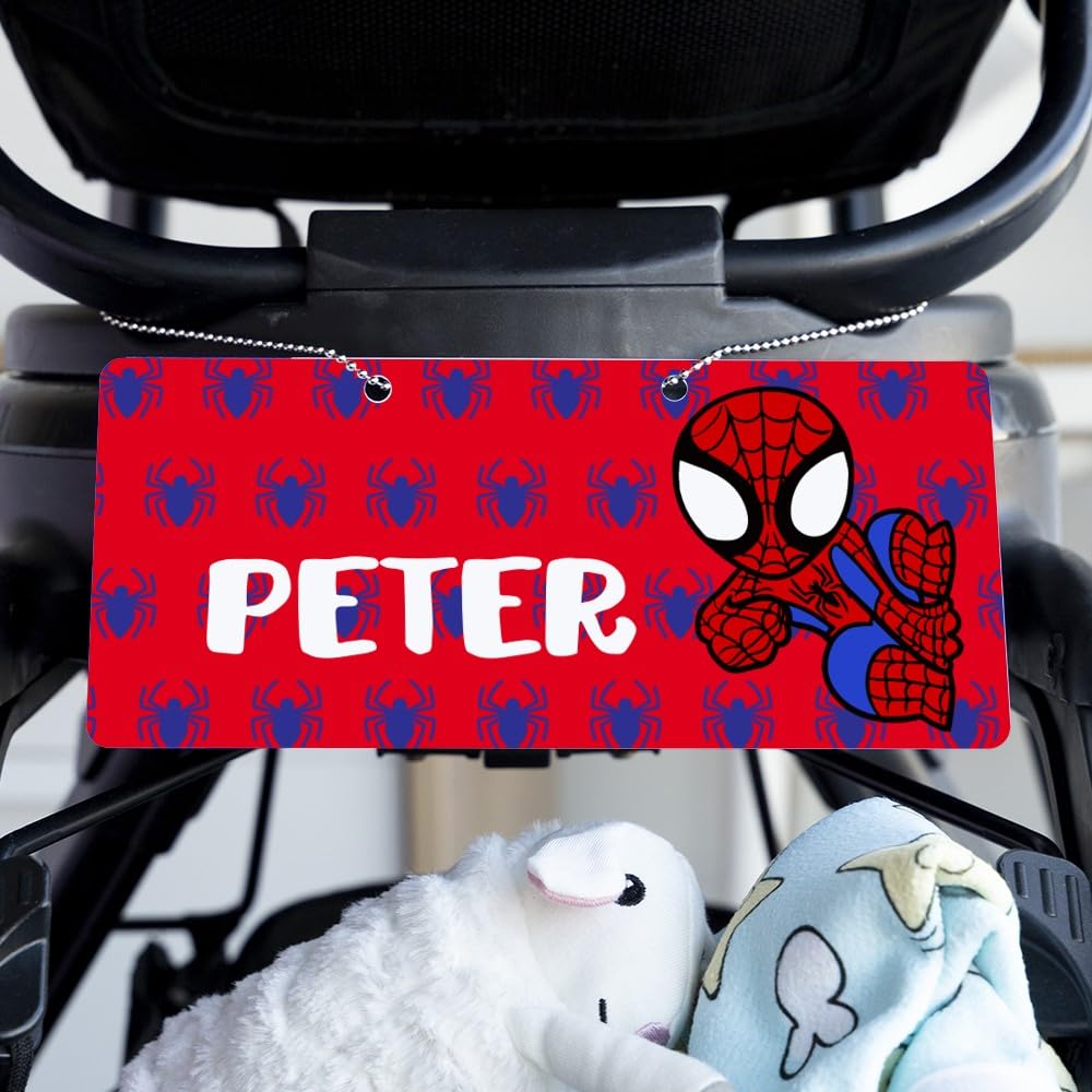 Wanapix | Personalised Name Number Plate | 21x9.5cm | Decorative Plate for Pram or Scooter | Spider Hero Theme