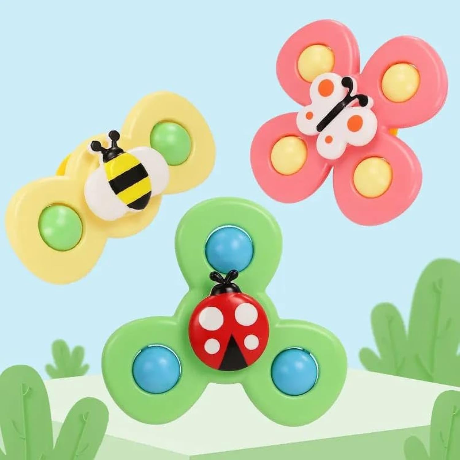 AWH 3PCS Suction Cup Insects Shaped Rotating Windmill | Lady Bug, Butterfly and Bumble Bee Spinners | Spinning top baby toys 3 To 9 Years | Bath and Window Toys for Toddlers, Babies, Kids