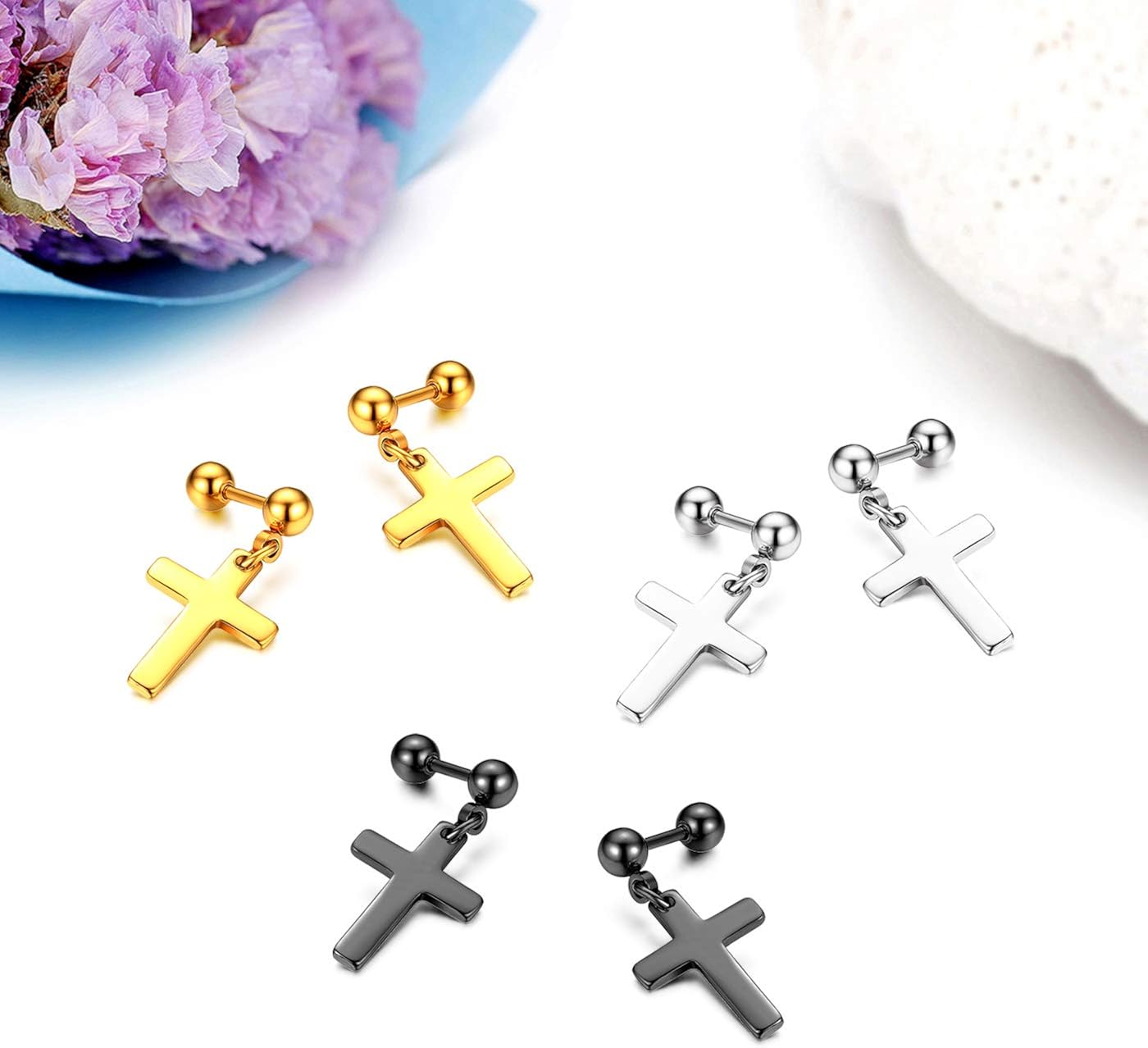 JewelryWe 3 works Men Women's Stud Earrings,Hip Hop Style Cross Dangling Stainless Steel Earrings - Image 3