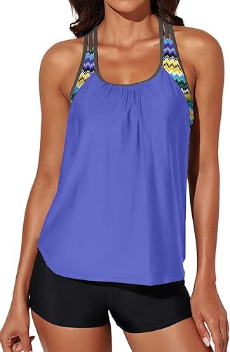 Aleumdr Womens Blouson Striped Printed Push up Strappy T-Back Tankini Top with Shorts(Available in Plus)