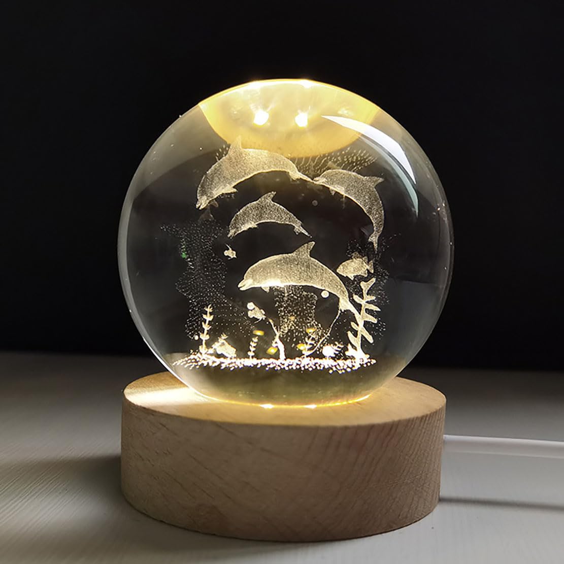 3D Laser Engraved Crystal Ball Decor, Multiple Designs,USB-Powered with Warm Yellow Lighting, Home Room Decor Led Night Lamp, for Gifts & Home (Fish)