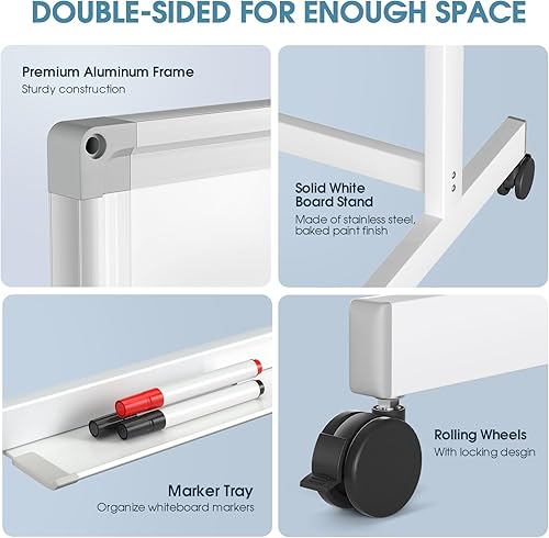 Miniatura 6 de MaxGear Pizarra blanca rodante grande de alta calidad sobre ruedas, 48 x 32 pulgadas, pizarra magnética de borrado en seco de doble cara con