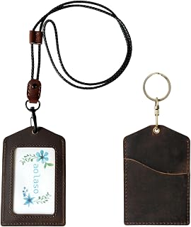 Badge Holder Vertical Handmade Leather ID Card Badge Holder Keychain with Heavy Duty Lanyard for Men Women (Coffee Leather)