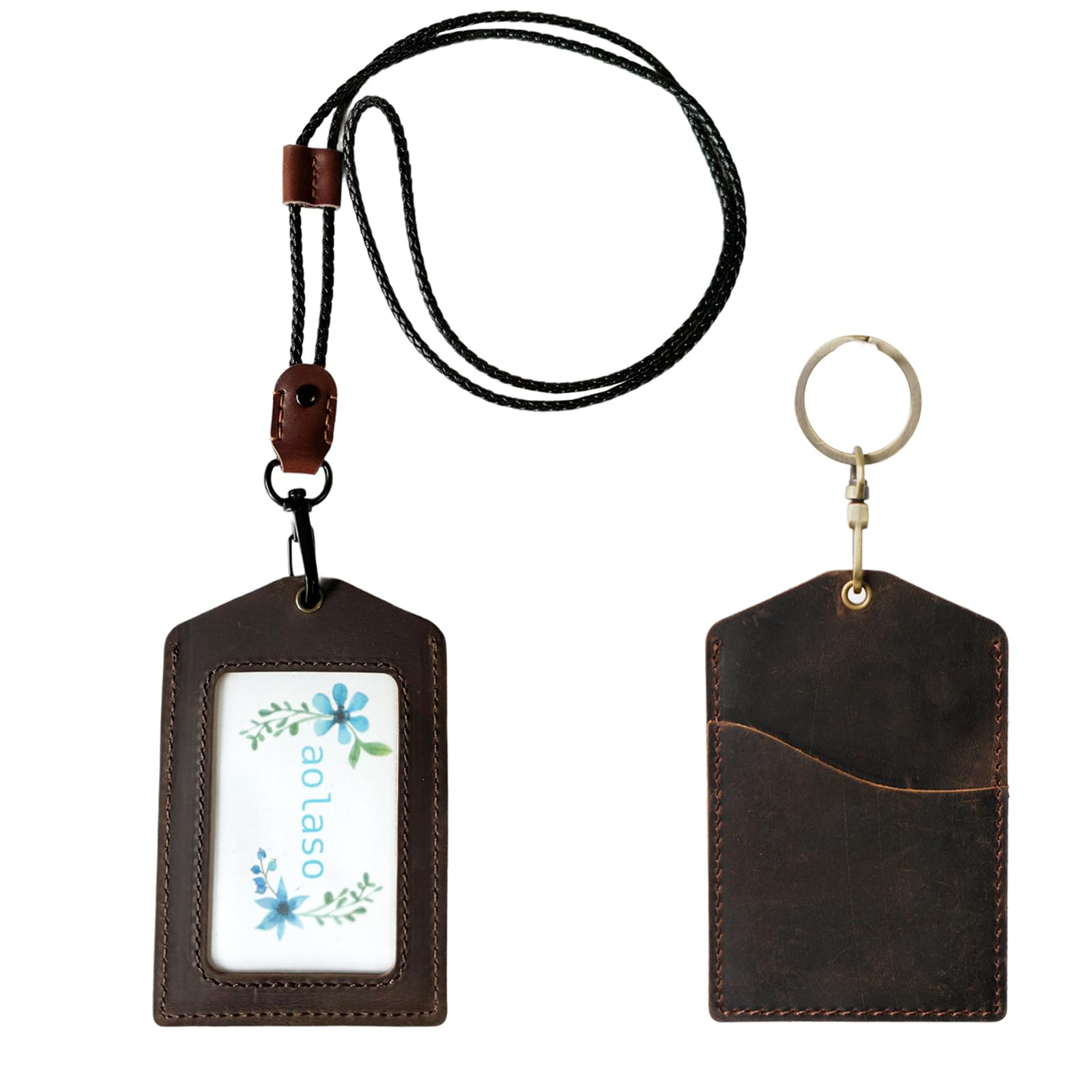 Badge Holder Vertical Handmade Leather ID Card Badge Holder Keychain with Heavy Duty Lanyard for Men Women (Coffee)