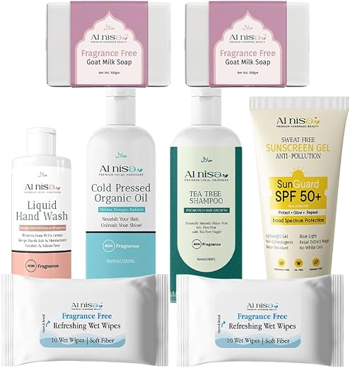 AL NISA Hajj/Umrah Kit – Fragrance Free Sunscreen Gel Spf50+ (50gm), Hand Wash, Goat Milk Soap Set of 2 100gm Each Piece, ...