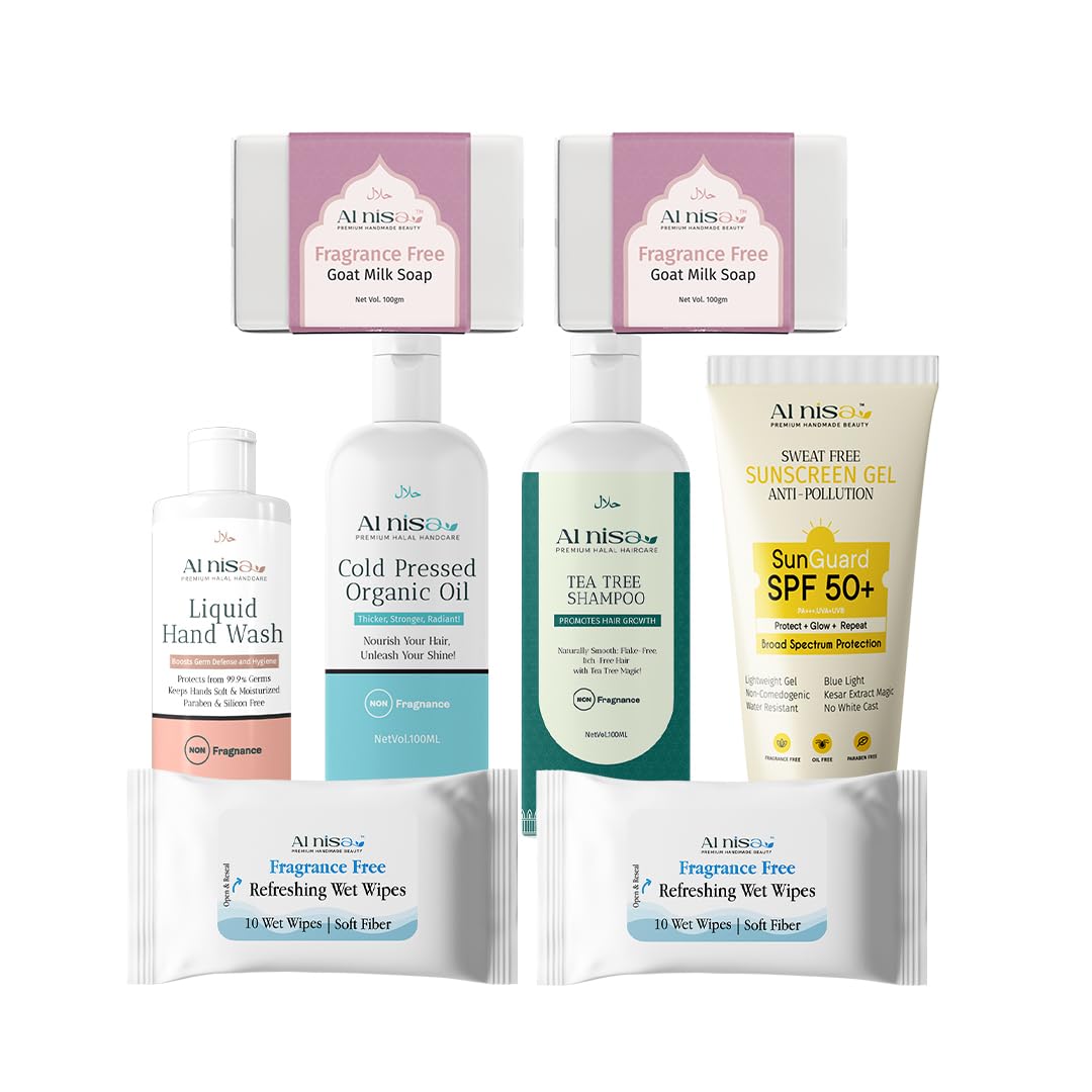 AL NISA Hajj/Umrah Kit – Fragrance Free Sunscreen Gel Spf50+ (50gm), Hand Wash, Goat Milk Soap Set of 2 100gm Each Piece, ...