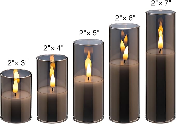 Eywamage Eywamage 5 Pack Grey Glass Flameless Candles with Remote, Flickering Slim Tall LED Pillar Votive Candles Battery Included photo 5
