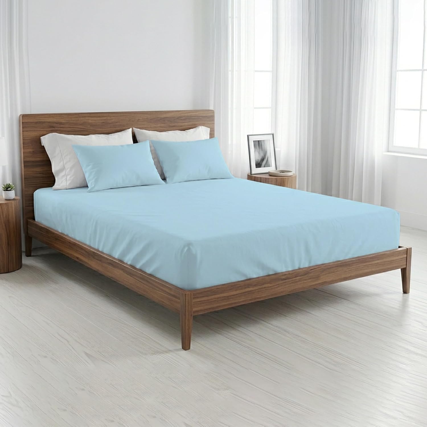 Bloombedding Sky-Blue 100% Egyptian Cotton 400Tc Double Fitted Sheet, 25Cm Deep Pocket