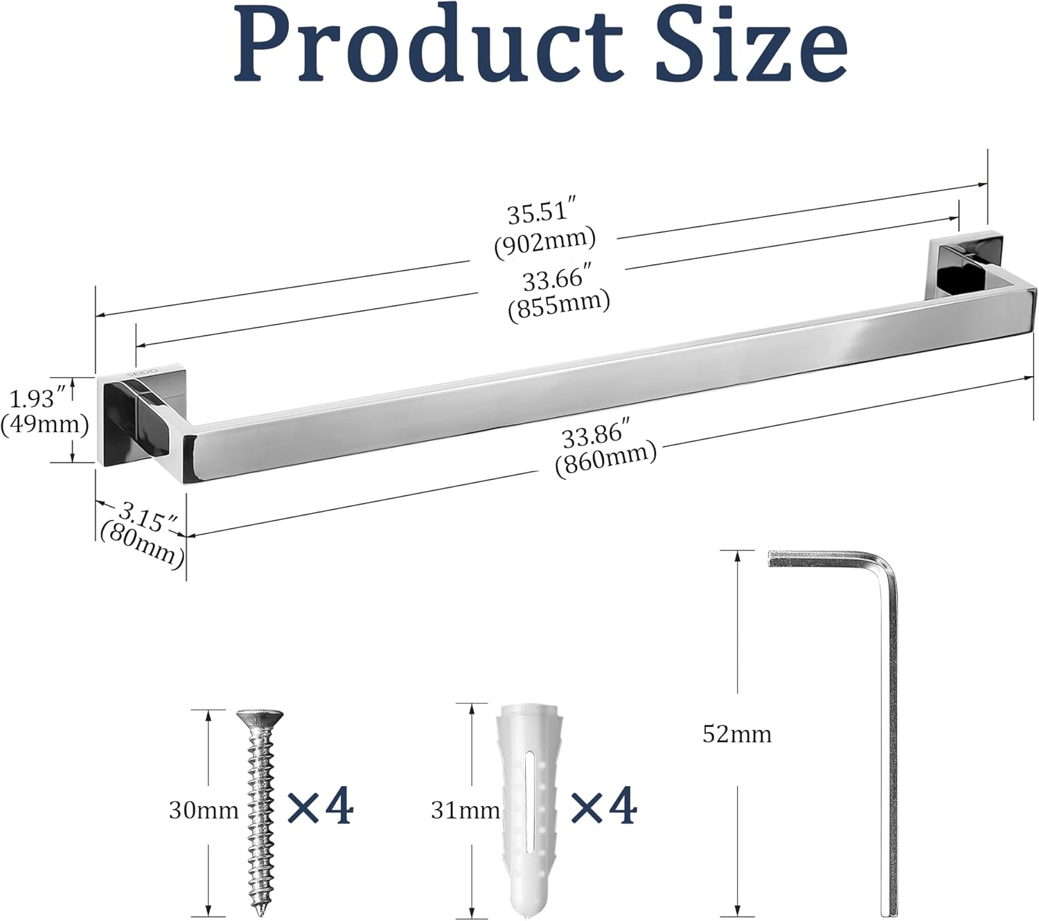 SEIDO 36 Inch Polished Chrome Towel Bar, Heavy Duty & Rust-Proof 304 Stainless Steel Bath Towel Holder, Modern Square Wall Mounted Towel Rack for Bathroom, Kitchen, RV