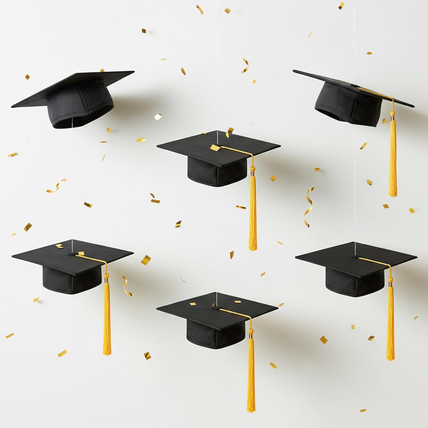 Hanging Graduation Caps Decorations Kits - 6 Class of 2026 Black with Gold Tassel Grad Party Decorations Floating Hats for Classroom, Home, Party Supplies