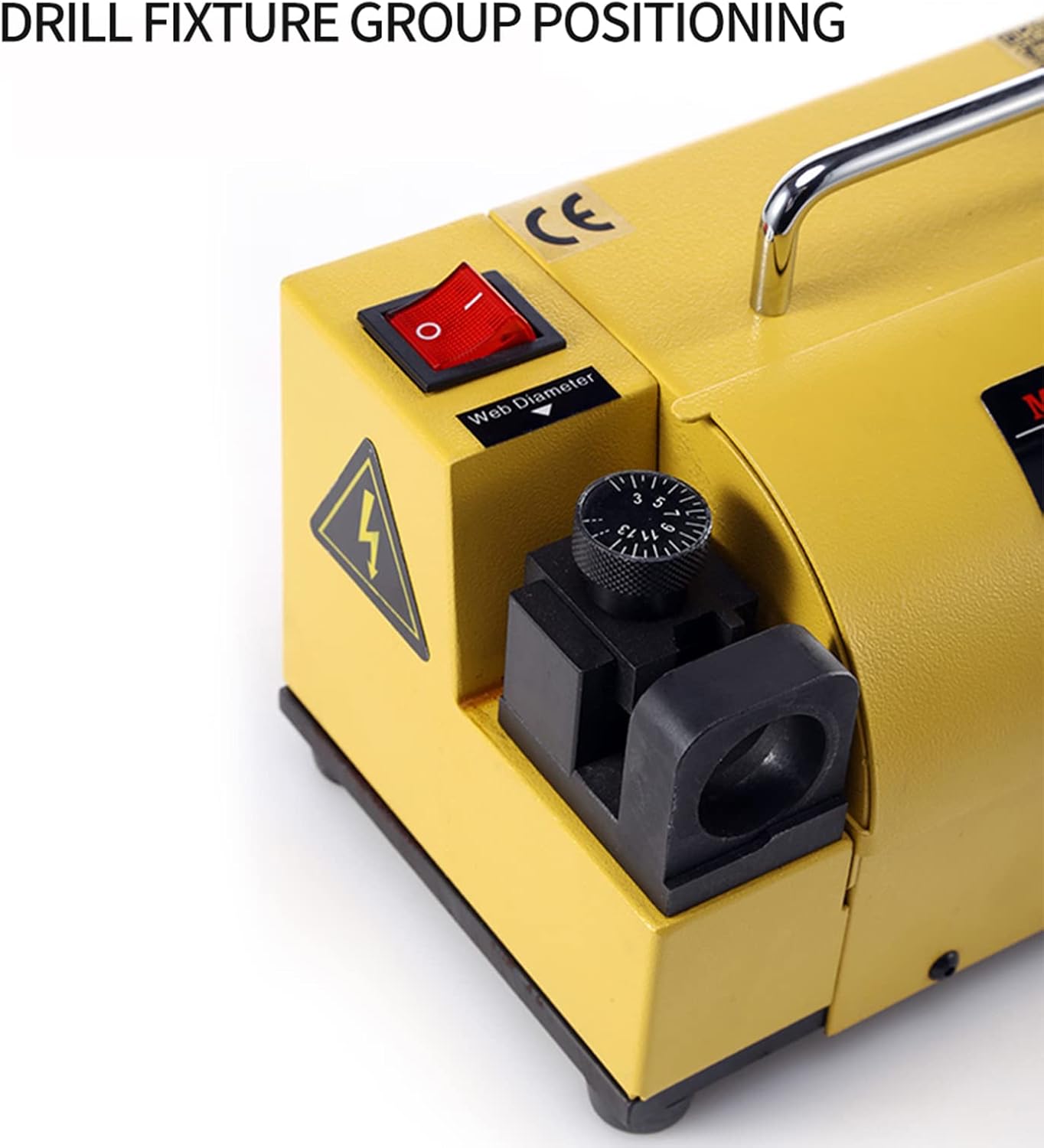 Close-up of the drill fixture group positioning area on the sharpener, showing a red power switch and a dial labeled 'Web Diameter'.