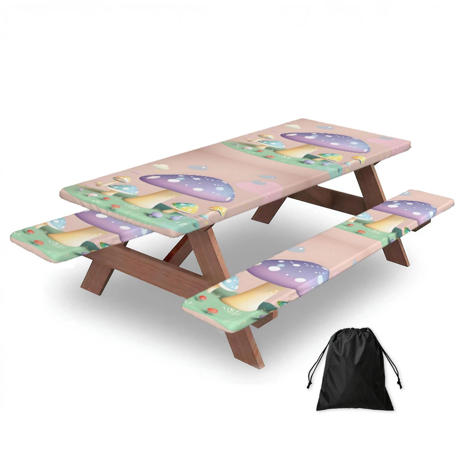 Erwqavc Black Cartoon Mushroom Print Picnic Table Cover & Bench Covers 3-Pack Set, Elastic Tablecloths For 6 Ft Rectangle Tables