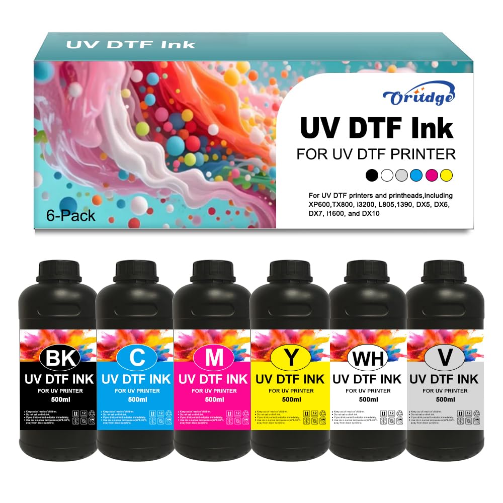 UV DTF Encre 500-ml pour UV DTF A B Films Compatible pour Epson XP600 TX800 i1600 i3200 L805 1390 DX5 DX6 DX7 DX10 Sticker Imprimante(Noir, Cyan, Magenta, Jaune, Blanc, Vernis)