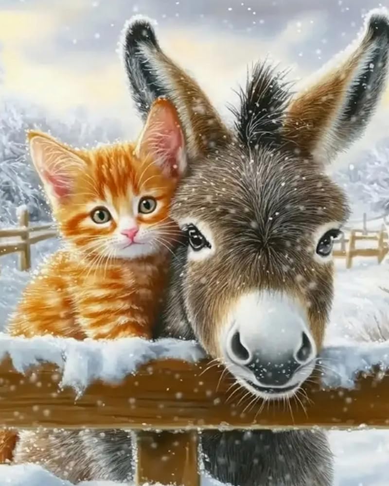 Renqidian 5D Diamond Painting Kits Cat And Donkey Animals Diy Diamond Art Picture Adults Beginners Crystal Arts And Crafts For Home Wall Decor(40X50 Cm)
