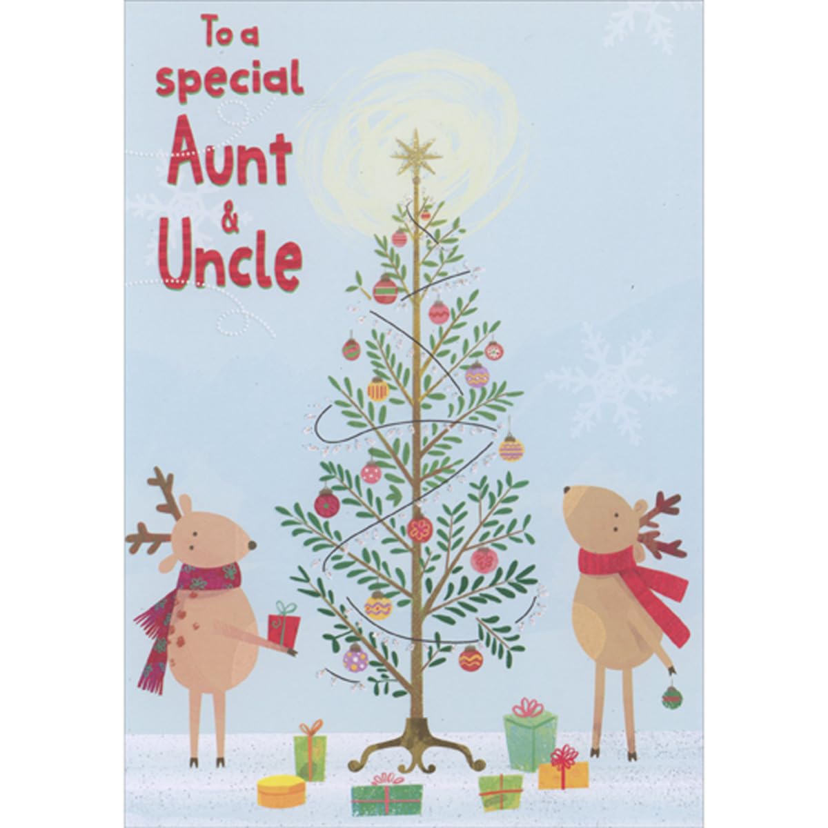 Designer Greetings Two Reindeer Decorating and Putting Gifts Under Tree Juvenile Christmas Card For Aunt and Uncle
