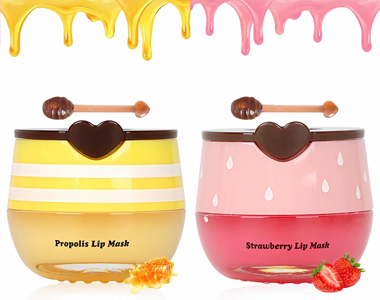 2 PCS Bee Lip Balm Lip Mask Honey Pot, Honey & Strawberry Lip Mask Propolis Moisturizing Lip Balm with Stick - Hydrating Prevention Dry and Cracked, Valentines Day Gifts, Galentines Day Party Favors