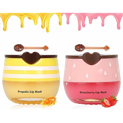 2 PCS Bee Lip Balm Lip Mask Honey Pot, Honey & Strawberry Lip Mask Propolis Moisturizing Lip Balm with Stick - Hydrating Prevention Dry and Cracked, Valentines Day Gifts, Galentines Day Party Favors