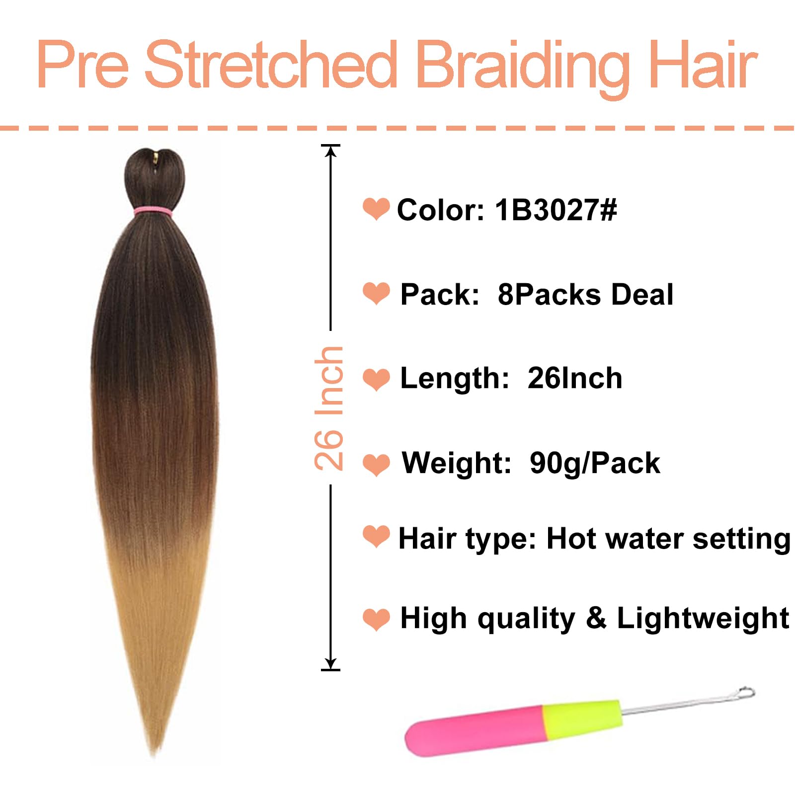 Mscat 26 Inch 8 Packs Pre Stretched Braiding Hair Three Tones Pre Stretched Braiding Professional Synthetic Prestretched Crochet Braids Hair Extension Hot Water Setting Yaki Texture (1B3027#) - Image 2