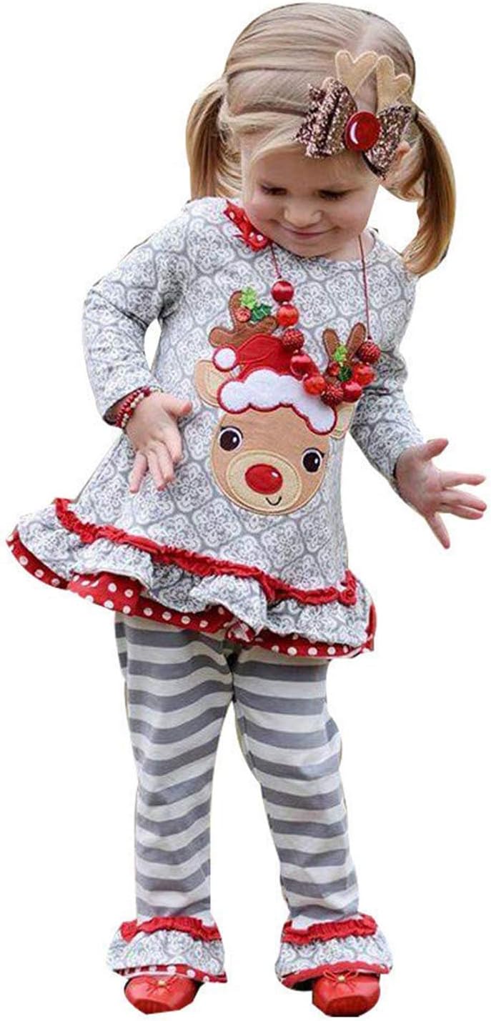 Christmas Girl Outfits,Fineser Cute Toddler Kids Baby Girl Christmas Deer Ruffle T-Shirt Tops+Stripe Flare Pants Outfits Sets (Gray, 2-3 Years（90）)…
