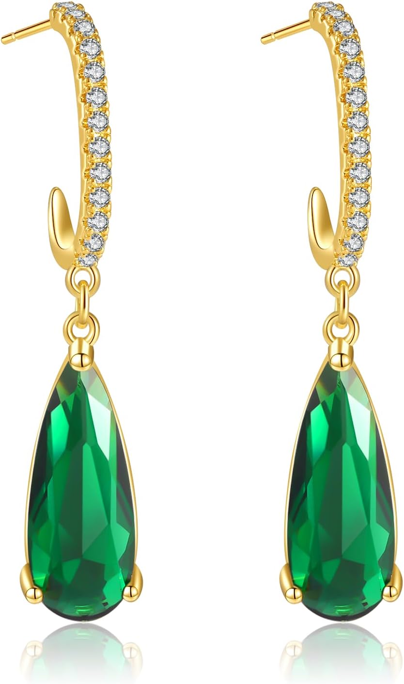 Vintage Emerald Green Teardrop Earrings,925 Sterling Silver Posts & 18K Gold-Plated Brass Drops,Cubic Zirconia Dangle Earrings for Women