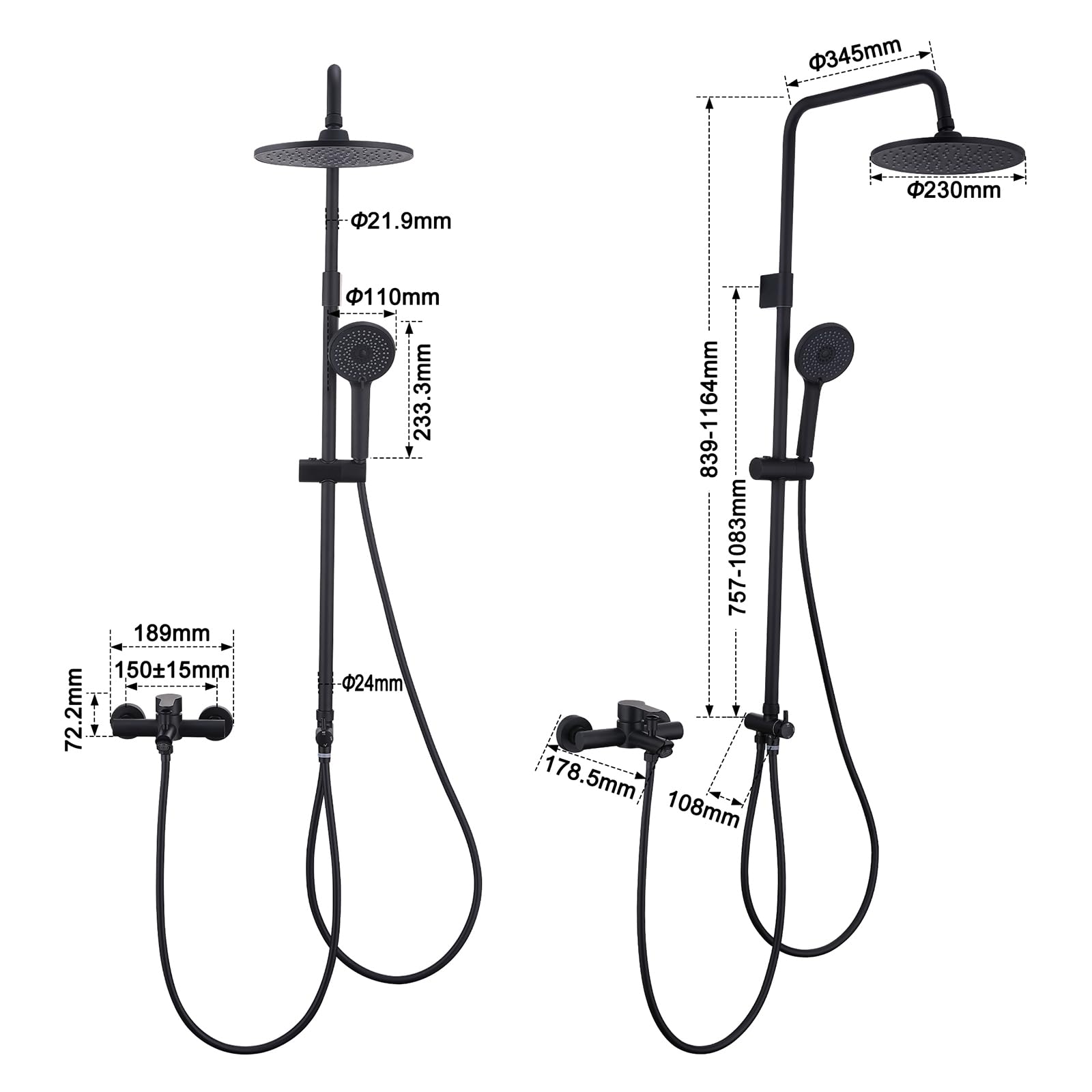 HOMELODY Badewannenarmatur mit Duschsystem, Schwarz Handbrause mit 4 Funktionen, 360° drehbarer Auslauf, Badewannenarmaturen mit Duschbrause, Mischbatterie zur Wandmontage