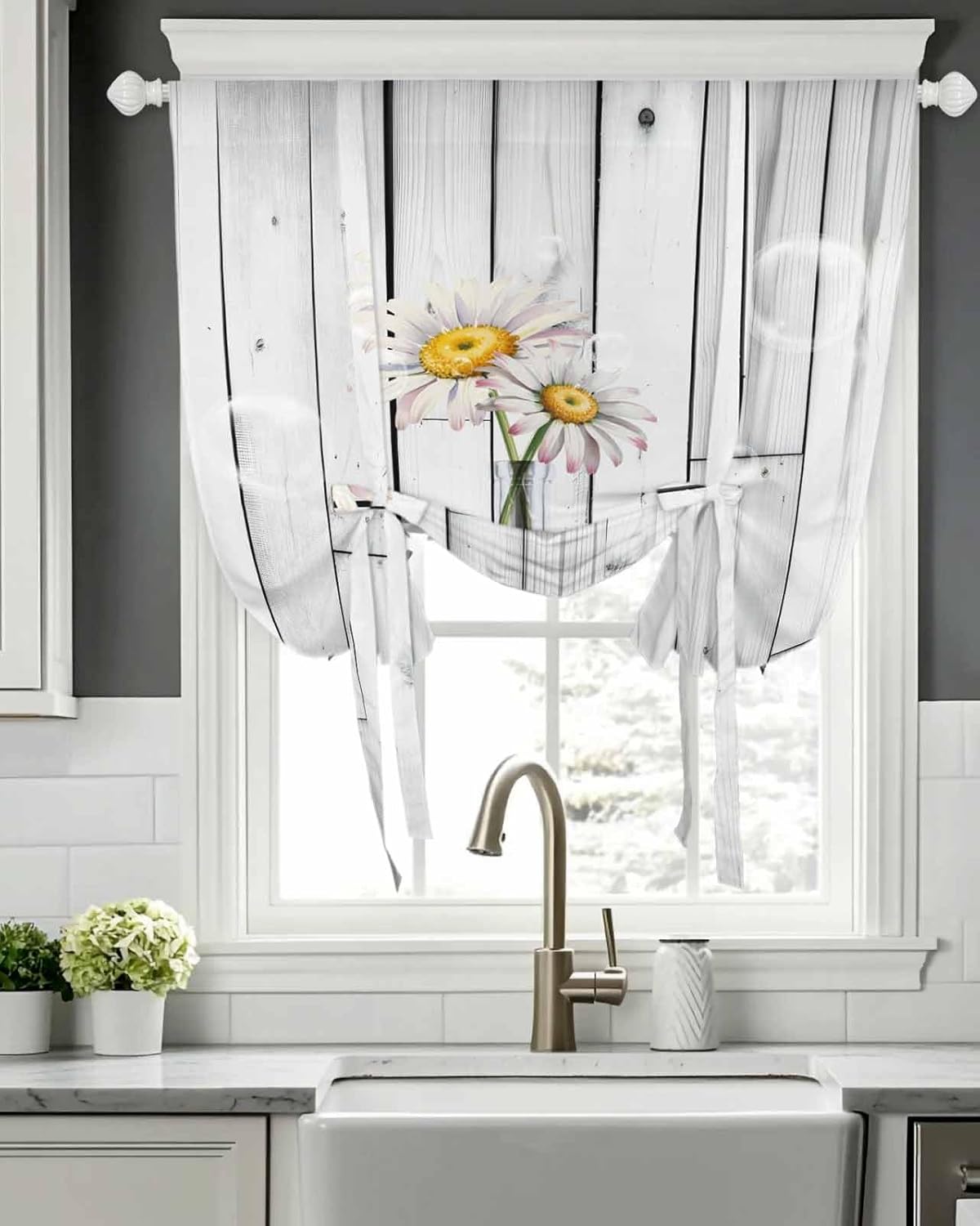 Tie Up Window Shade Curtain Farm White Daisy Flower and Vase Kitchen Adjustable Balloon Curtains Shades Drape 46x63In for Living Room/Bedroom/Cafe Windows Retro Grey Wood Plank