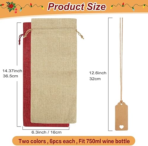 Miniatura 2 de Shintop 12 bolsas de vino de arpillera, bolsas de regalo de vino de Navidad, bolsas reutilizables para botellas de vino con cordón para Navidad,