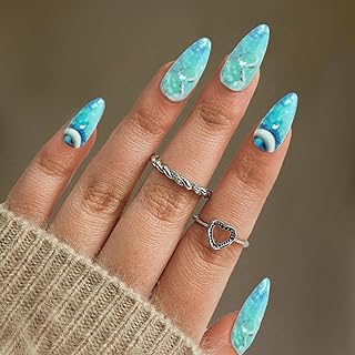 Medium Press on Nails Almond Shaped Fake Nails Blue Deep Sea Niche Acrylic Nails Summer False Nails with the Sea Designs Glue on Nails Full Cover Artificial Nails for Women and Girls 24PCS