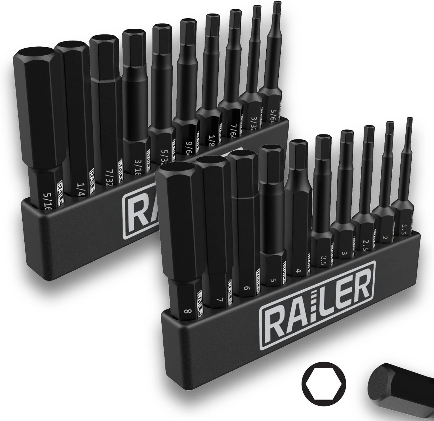 Railer Hex Bit Set, 20-PC Hex Head Allen Wrench Screwdriver SAE & MM Hex Bit Set. S2 Steel Impact Driver 2" Hex Bits for Furniture Screws