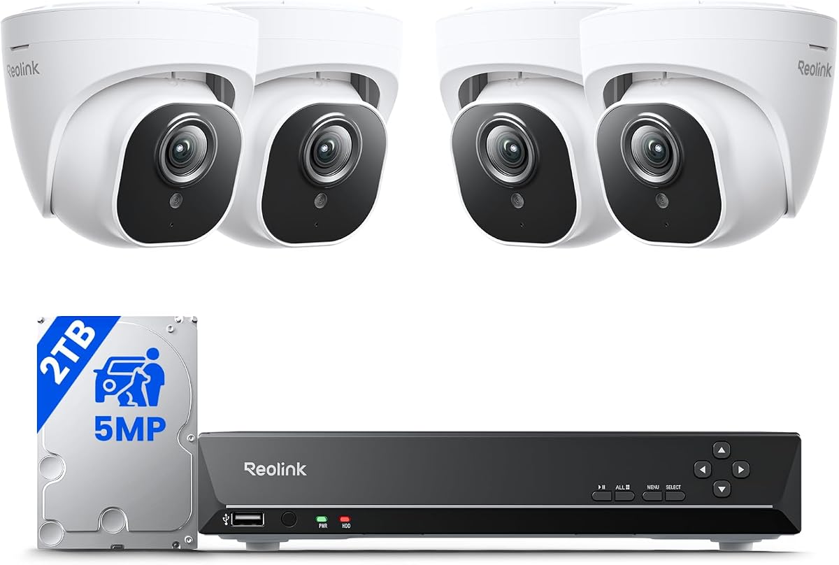 REOLINK 5MP 8CH Home Security Camera System with 2TB HDD RLK8-520D4-5MP | 4pcs 5MP Wired PoE IP Cameras Outdoor with Person/Pet/Vehicle Detection, 4K 8CH NVR with 2TB HDD for 24-7 Recording